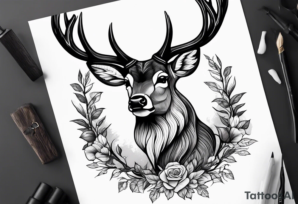 Strong deer with a beard and with antlers tattoo idea