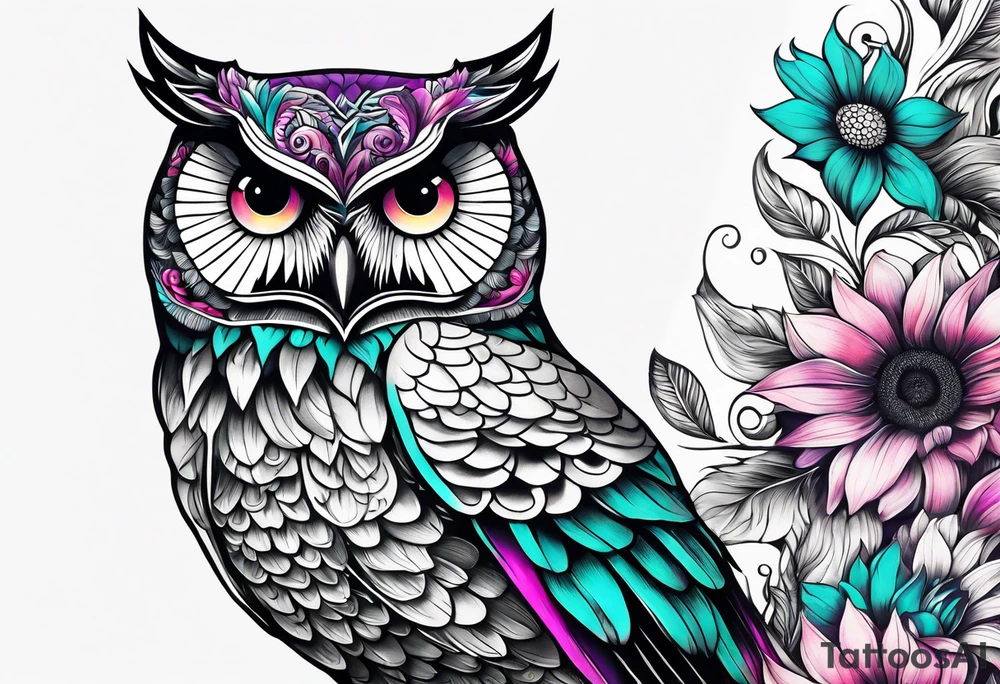 Leg Sleeve with black and white owl that's lightly shaded teal, pink and purple and yellow sunflowers tattoo idea