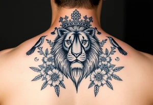 powerful majestic lion with a crown, surrounded by floral ornaments and birds tattoo idea