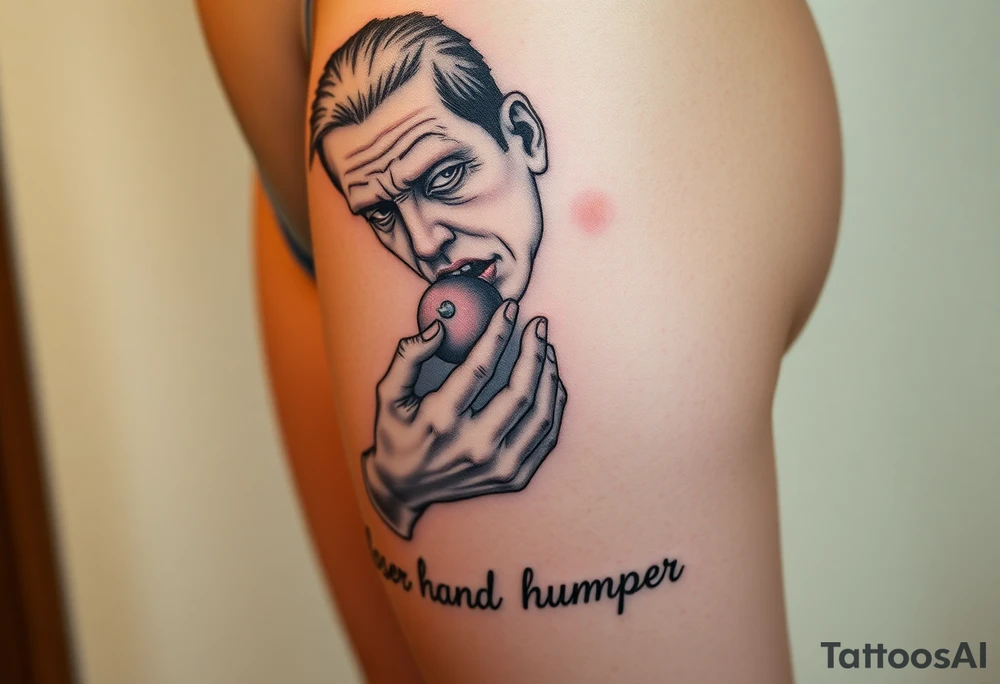 pathetic ugly man full body with small penis masturbating with caption “loser hand humper” tattoo idea