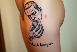 pathetic ugly man full body with small penis masturbating with caption “loser hand humper” tattoo idea