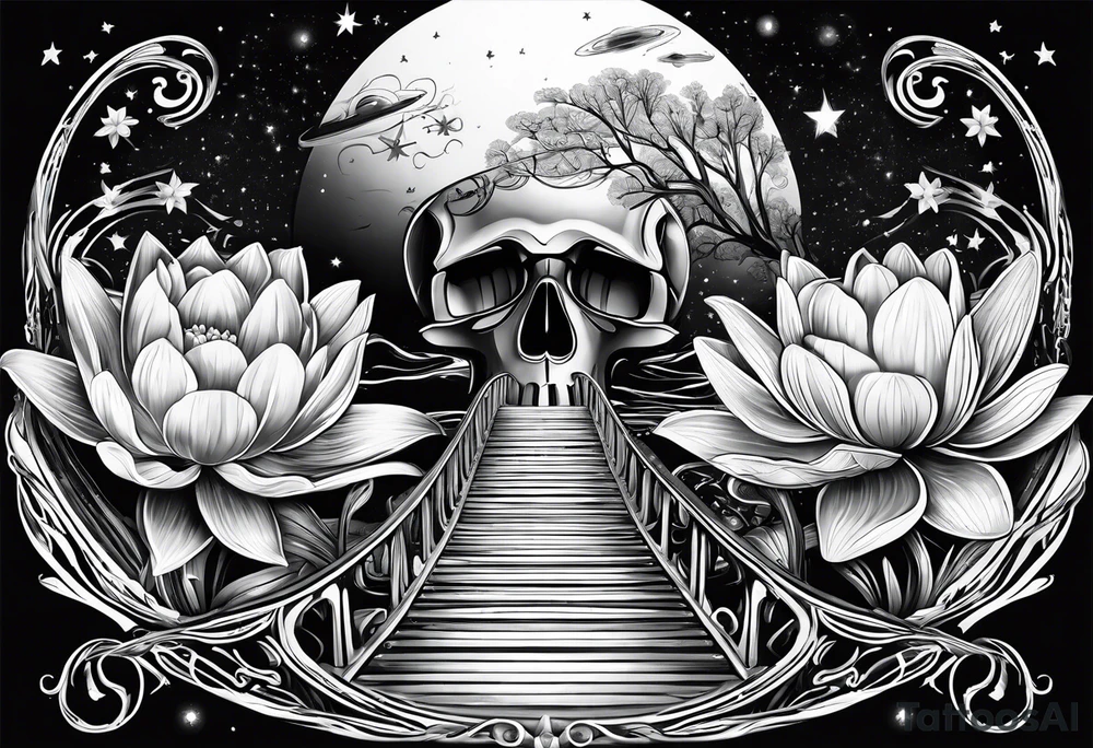 roller coaster track, water lily, daffodils, space and stars, skulls tattoo idea
