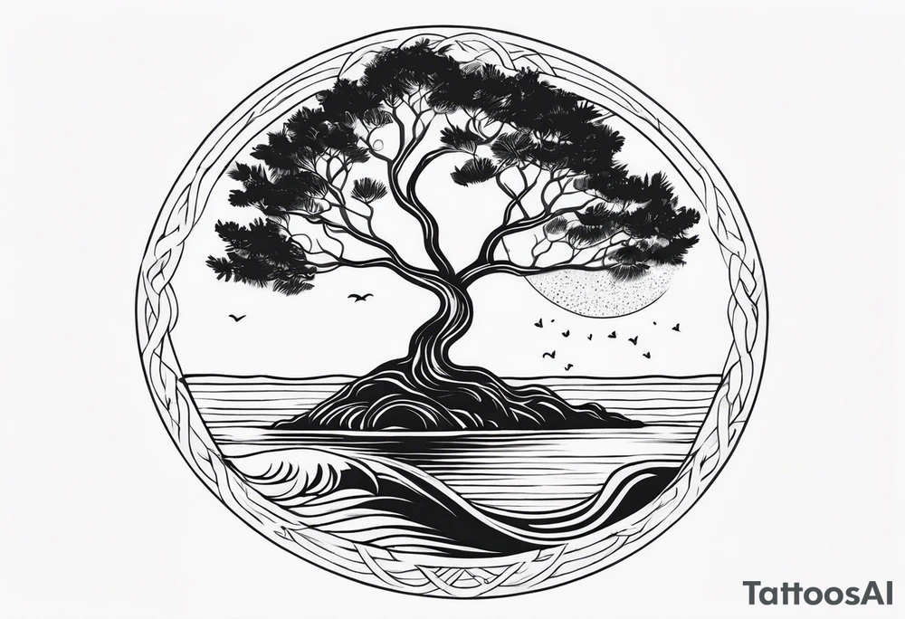 calm sea and tree of life without frame tattoo idea