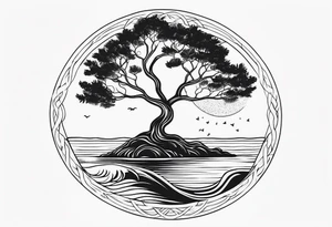 calm sea and tree of life without frame tattoo idea