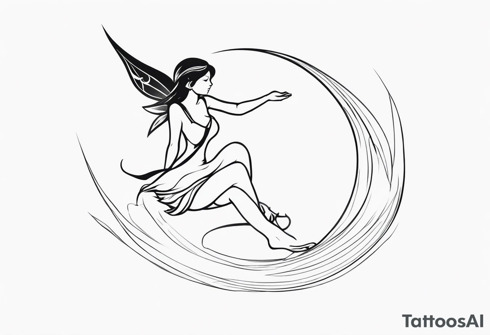 Minimalistic, monochromatic fairy with a tail flying to the left in a fetal position, leaning and looking in the same direction, with visible hands, embodying the 'Fairy Tail' logo aesthetic. tattoo idea