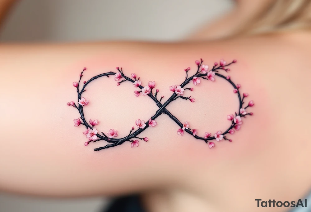 A cherry blossom branch bending into the infinity shape, with delicate pink flowers scattered around. tattoo idea