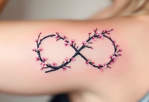 A cherry blossom branch bending into the infinity shape, with delicate pink flowers scattered around. tattoo idea