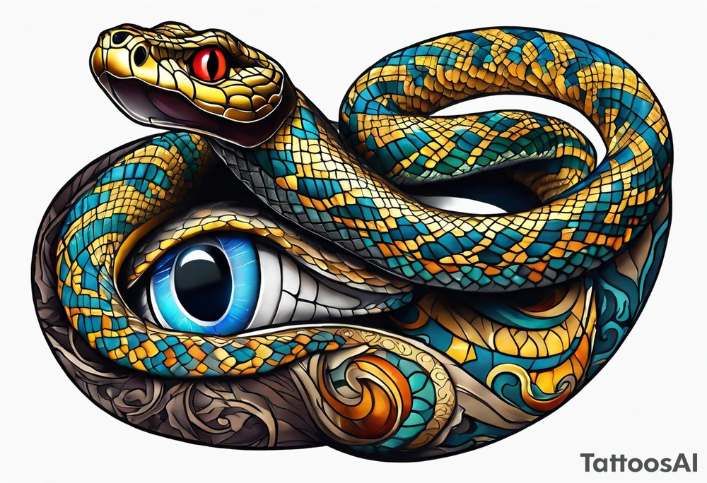 Snake with an evil eye in its mouth tattoo idea