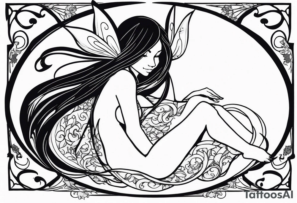 A fairy with a tail inspired by the logo of the show called Fairy Tail in a fetal position leaning in tattoo idea