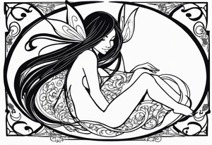 A fairy with a tail inspired by the logo of the show called Fairy Tail in a fetal position leaning in tattoo idea