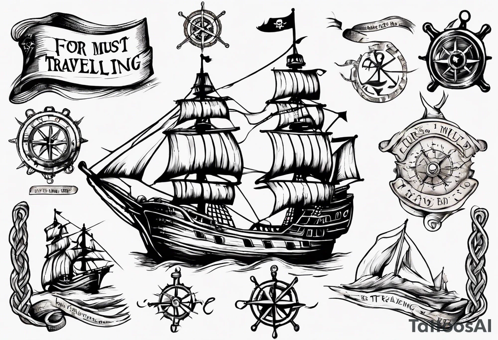 pirate ship with a map, square knot, compass, with words "for I must be traveling on now" tattoo idea