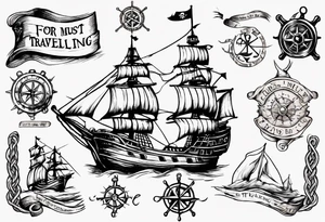 pirate ship with a map, square knot, compass, with words "for I must be traveling on now" tattoo idea
