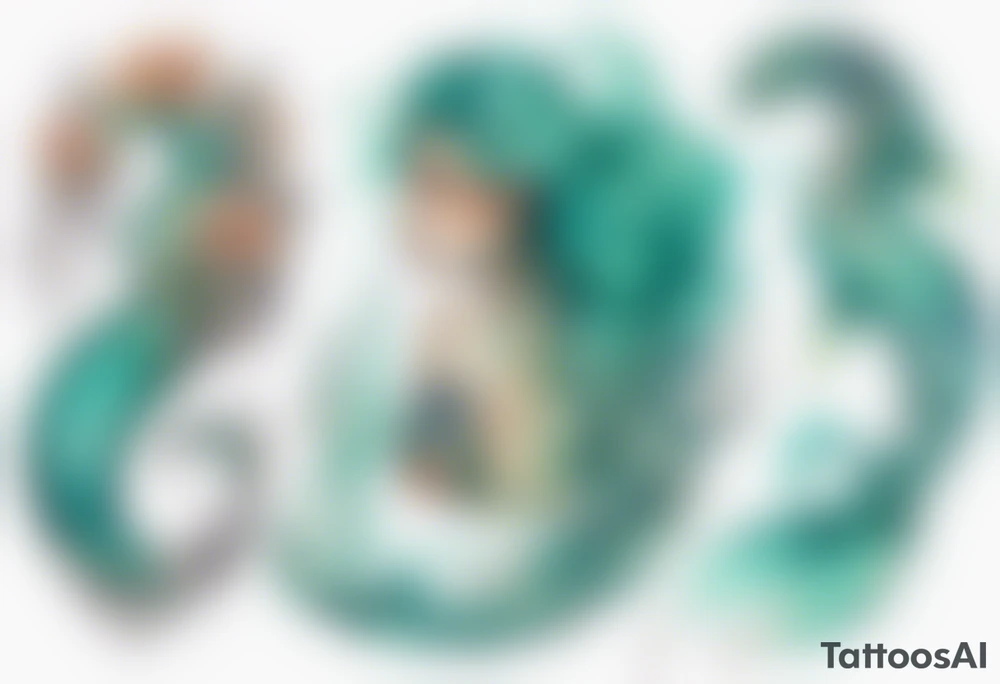 a mermaid serpent hybrid with turquoise scales by the ocean tattoo idea