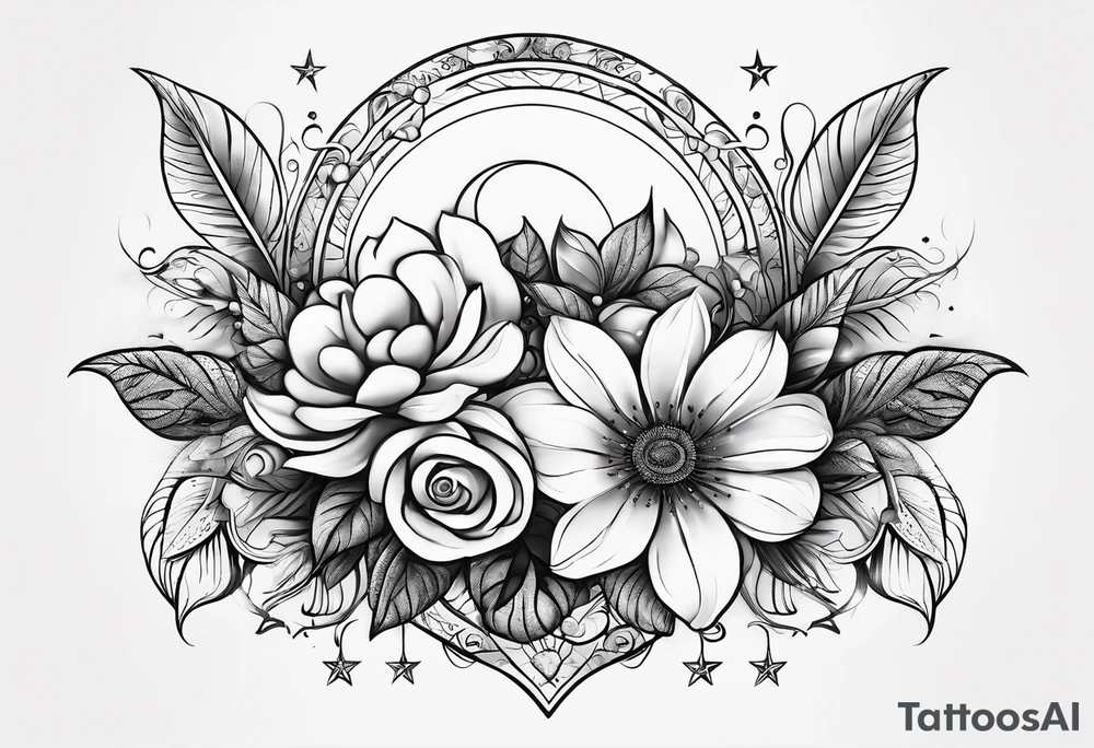 A eternal love flower with the name “Samson” in cursive with moon phases and stars tattoo idea