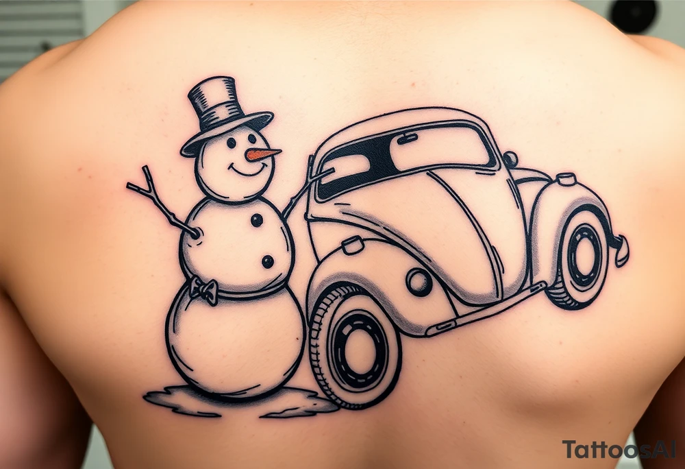 Snowman standing next to a hot rod vw beetle tattoo idea