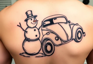 Snowman standing next to a hot rod vw beetle tattoo idea
