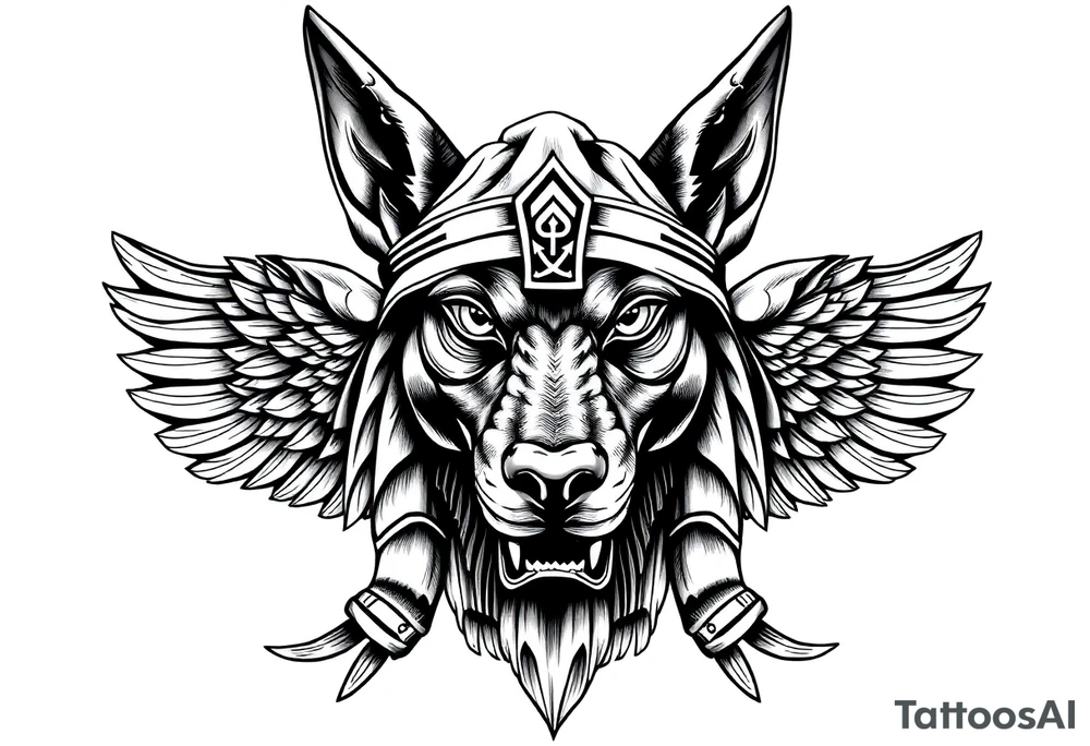 Egyptian Anubis god powerful face muscle in Egypt style with mantle on head dog face surrounded Egyptian symbols tattoo idea