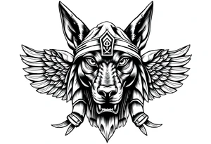 Egyptian Anubis god powerful face muscle in Egypt style with mantle on head dog face surrounded Egyptian symbols tattoo idea