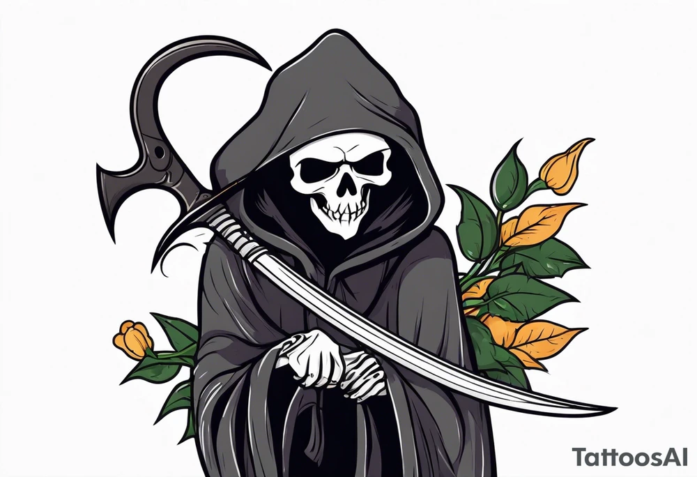 cute grim reaper with scythe and nightshade tattoo idea