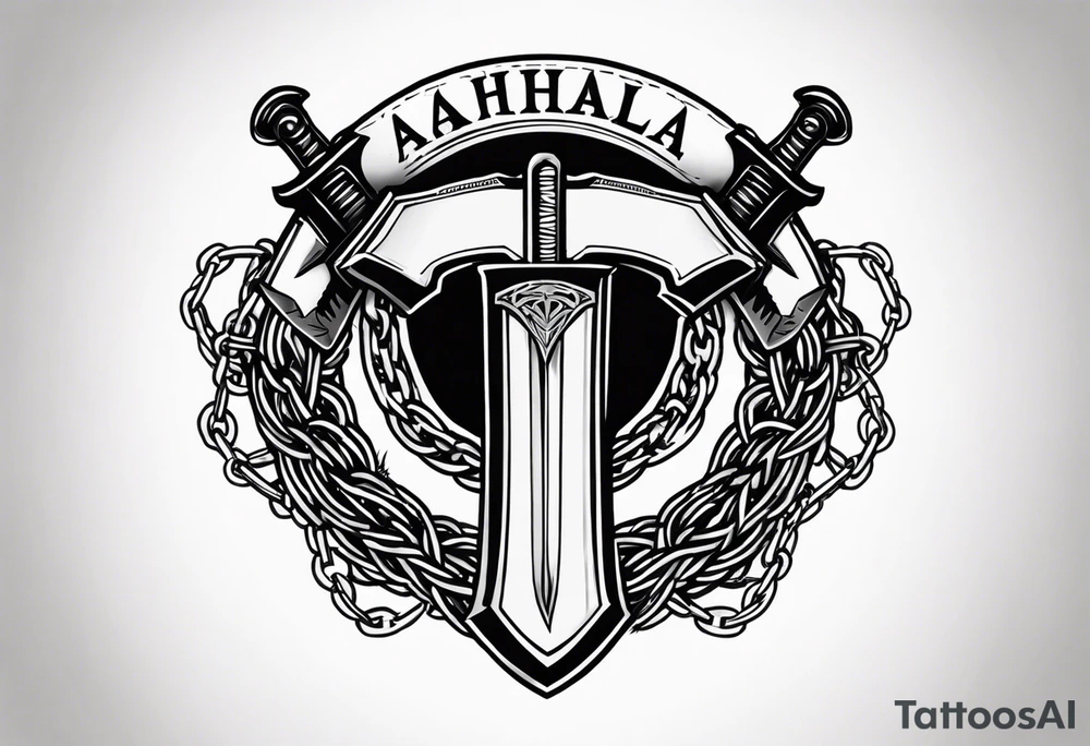 Valhalla sword round shield axe barbed wire chains tattoo idea