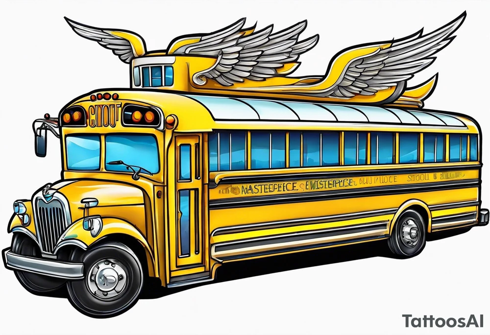 animated school bus with wings tattoo idea