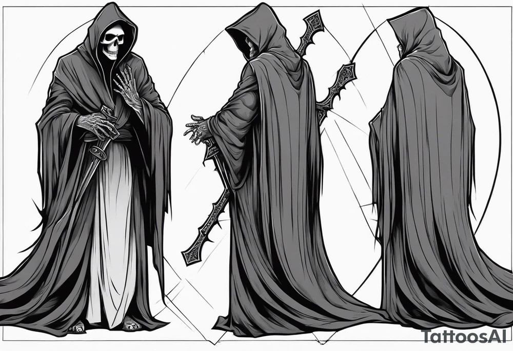 The grim reaper standing from a side profile praying with a Rosery wrapped around his hands tattoo idea