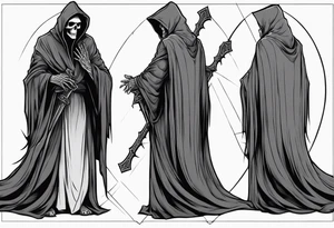 The grim reaper standing from a side profile praying with a Rosery wrapped around his hands tattoo idea