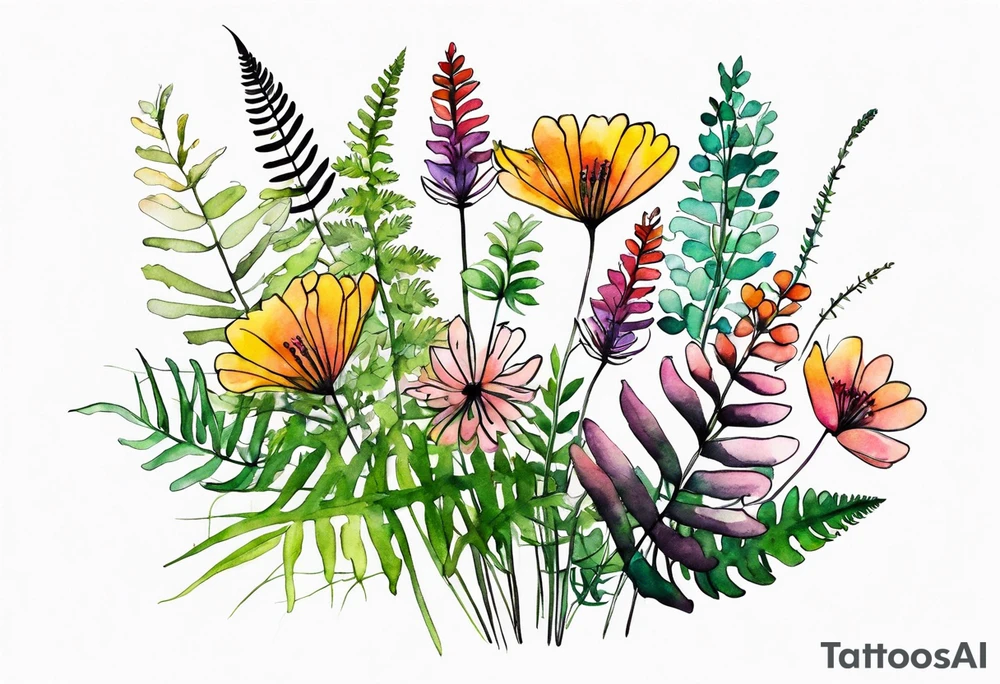 Multi colored wild flowers long stems bouquet with ferns all watercolor tattoo idea