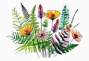 Multi colored wild flowers long stems bouquet with ferns all watercolor tattoo idea