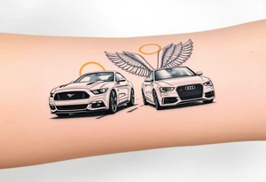 2014 Mustang GT driving down highway with 2015 Audi S5 with Angel wings and halo above 2015 Audi S5 tattoo idea