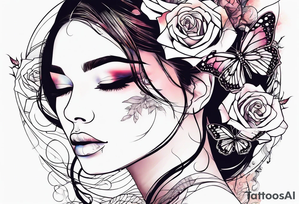 Sunset, rose, butterflies, dragonflies, woman half face with tears tattoo idea