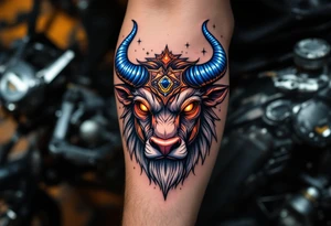 Like a cosmic guardian, Taurus watches with ochre eyes and glowing indigo horns. tattoo idea