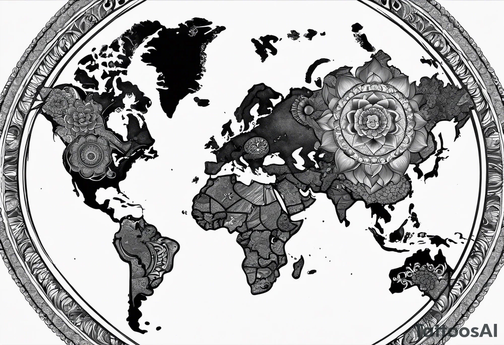 The background of the tattoo as a world map framed by a mandala. At the bottom of the mandala a small buddhist shrine tattoo idea