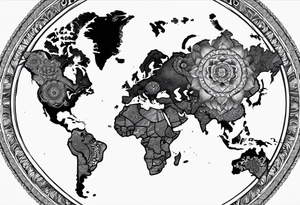 The background of the tattoo as a world map framed by a mandala. At the bottom of the mandala a small buddhist shrine tattoo idea