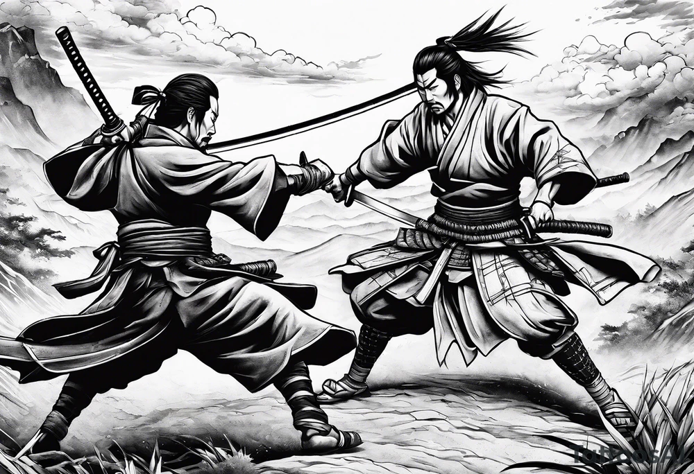 Musashi Miyamoto defeating an enemy samurai in a 1 on 1 duel on a battlefield tattoo idea