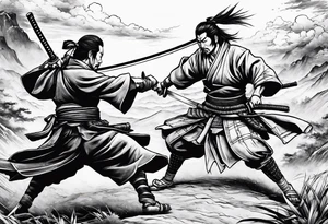 Musashi Miyamoto defeating an enemy samurai in a 1 on 1 duel on a battlefield tattoo idea