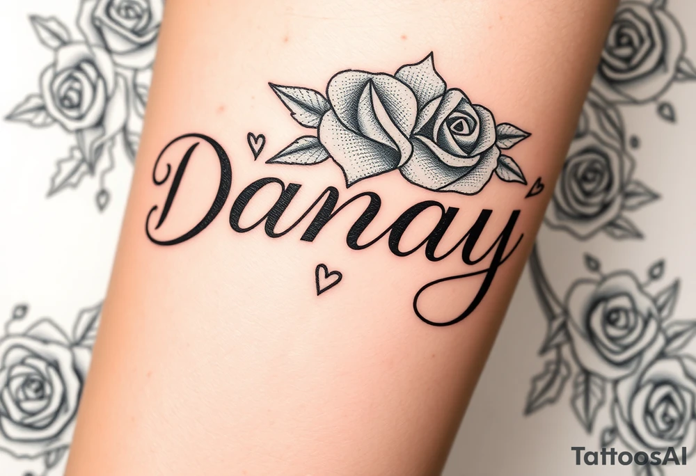 the name Danay, with a background with roses,hearts,sparkles, and other cool stuff. tattoo idea