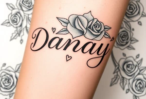 the name Danay, with a background with roses,hearts,sparkles, and other cool stuff. tattoo idea