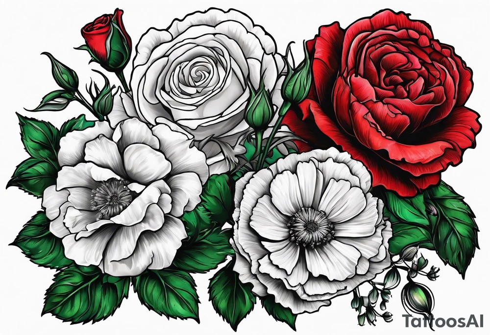 roses, carnations, daisies, larkspur, olive stem tattoo idea