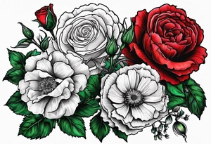 roses, carnations, daisies, larkspur, olive stem tattoo idea