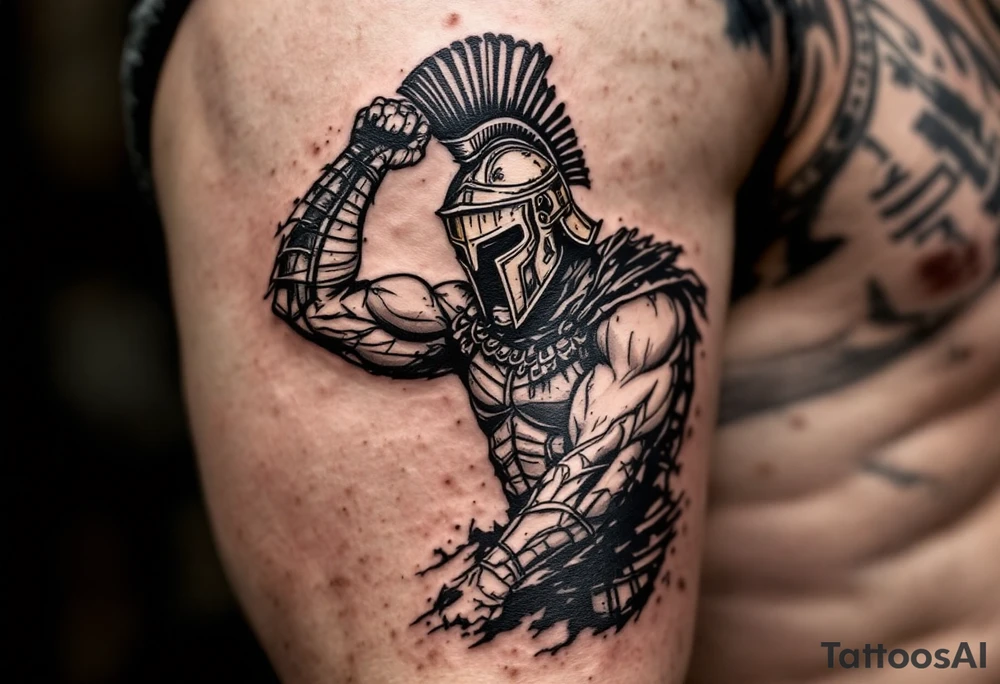The Final Strike – A muscular gladiator mid-attack, his gladius raised high, slicing through an opponent’s shield. His bronze helmet reflects the sun, while his battle-worn leather armor is covered in dust and sweat. tattoo idea
