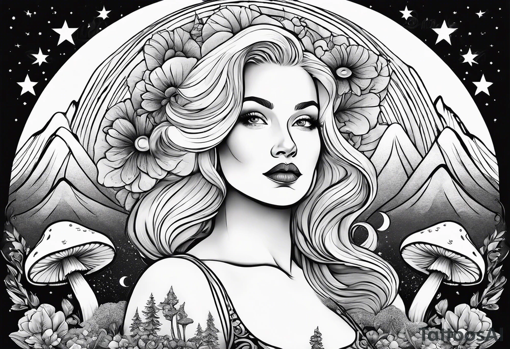 Older blonde fat woman no makeup surrounded by mushrooms mountains crescent moon background tattoo idea