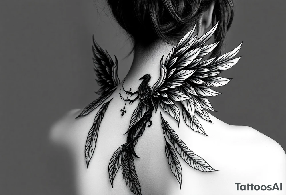 Gothic full body Woman Harpy with horns and lots of feathers tattoo idea
