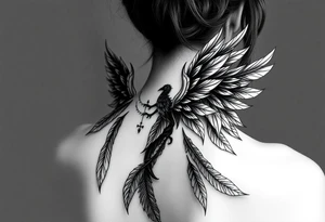 Gothic full body Woman Harpy with horns and lots of feathers tattoo idea