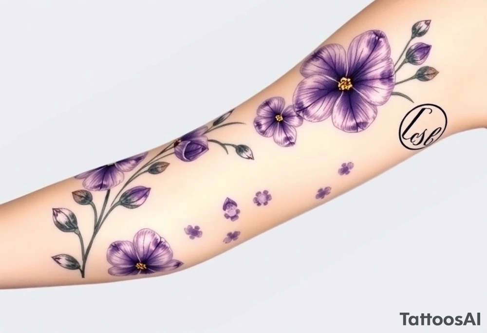Violets, peace symbol, Pisces symbol, dog prints, amethyst, initials csb in cursive font tattoo idea
