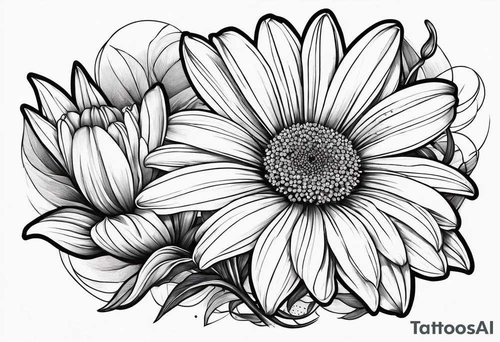Large daisy flower with a lily flower no stem few leaves around them tattoo idea