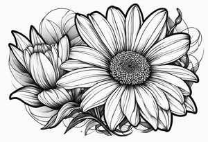 Large daisy flower with a lily flower no stem few leaves around them tattoo idea