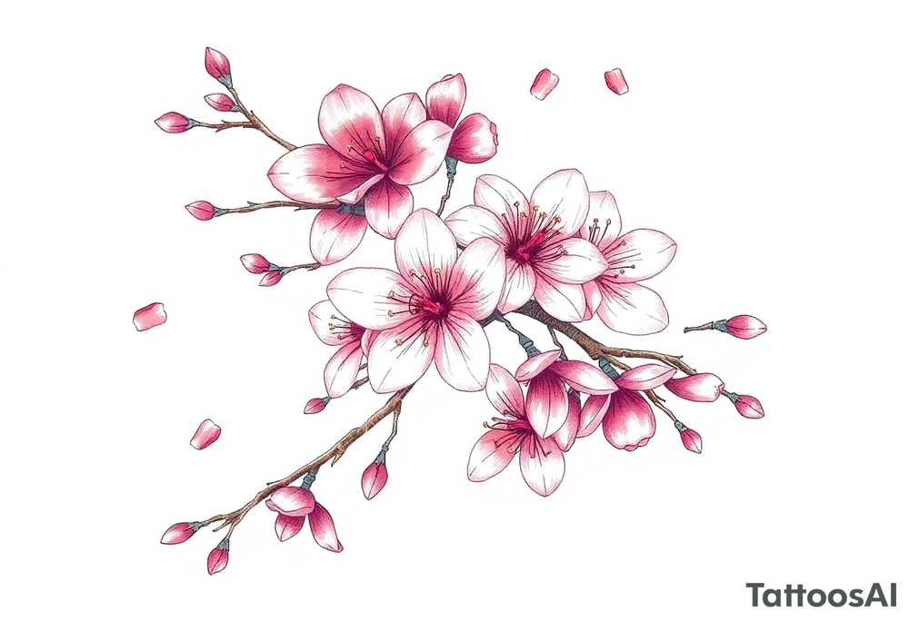 delicate cherry blossoms swirling in spring breeze with petals tattoo idea