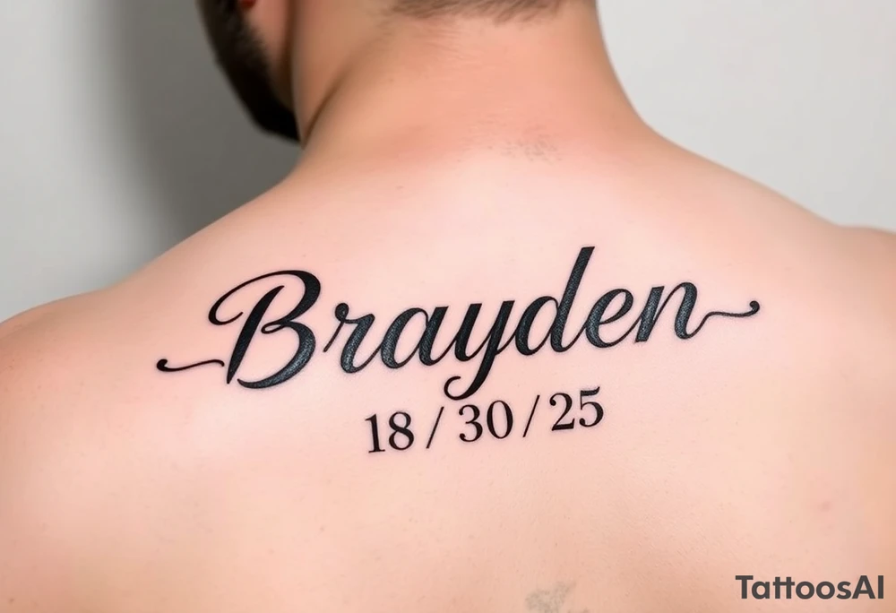 Brayden  name tattoo on forearm with dob 08/30/25 mother son dedicated female tattoo idea