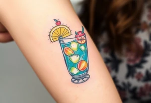 Fun island vacation cocktail in a rocks glass with fun garnishes. About 2 inches tattoo idea
